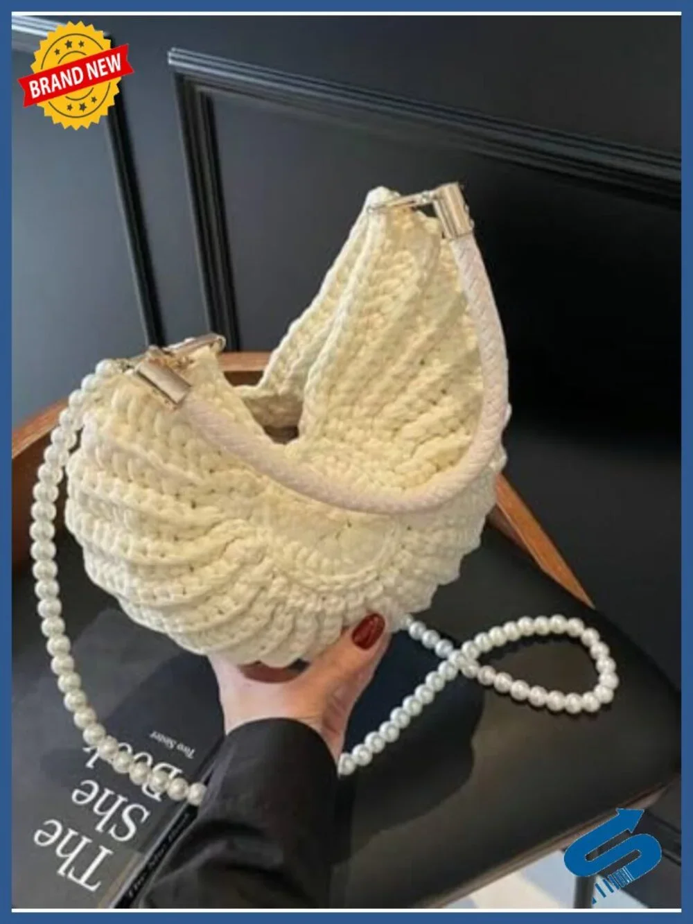 Hand-Crocheted Snail Shell Woven Tote Bag with Pearl Chain Shoulder Handbag